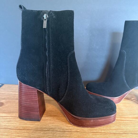 Marc Fisher Marisa Black Suede Chunky Wood Platform Block Heeled Bootie Boot 8.5 - Picture 6 of 14